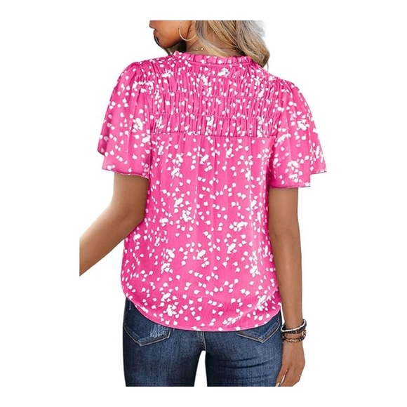 Casual V-Neck Floral Print Smocked Short Sleeve Chiffon Blouses Bohemian Top, - Picture 2 of 3